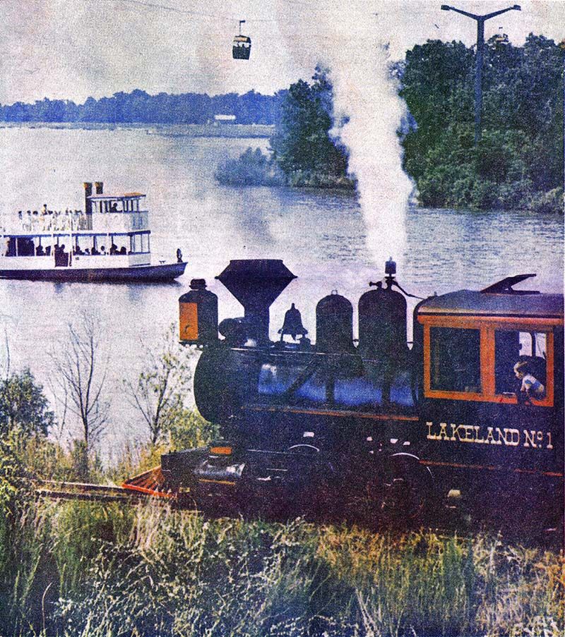 A picture of Huff'n Puff Railroad, the Skyride, and the Paddlewheeler on Lakeland Lake