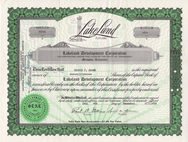 a stock certificate for Lakeland Development Corporation